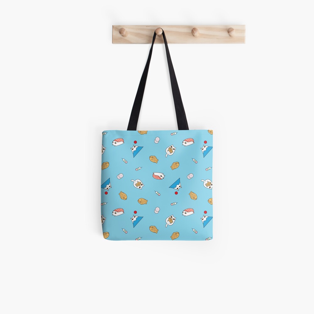 Mount Fuji Cat, Teriyaki Cat and Sushi Cat Pattern in Blue Background Tote Bag