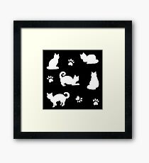 White Cats and Paw Prints on Black Pattern Framed Print