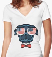 Pug With Glasses And Tie American Flag TShirt Women's Fitted V-Neck T-Shirt