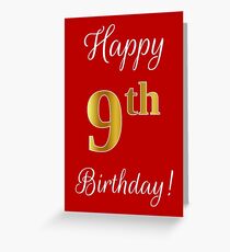Elegant, Faux Gold Look Number, "Happy 9th Birthday!" (Red Background) Greeting Card