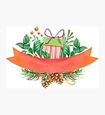 Christmas Banner Holly and Present Design Photographic Print