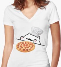 Bongo Cat Pizza Chef Women's Fitted V-Neck T-Shirt