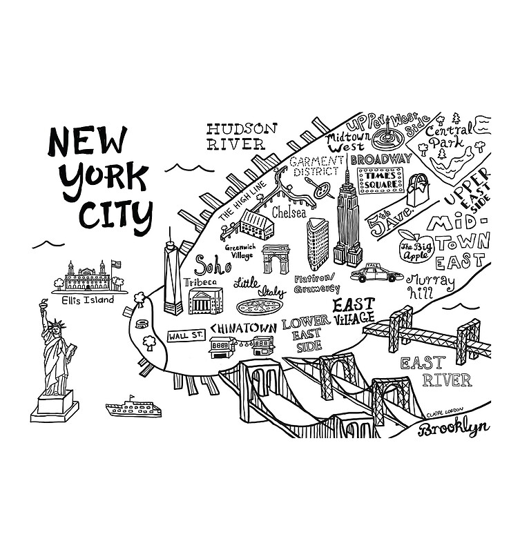 New York City Illustrated Map By Claire Lordon Redbubble new-york-city-illustrated-map-by-claire-lordon-redbubble