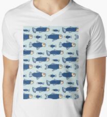 Blue Shoal of Fish, Seamless Seaweed Animal Vector Pattern Background Men's V-Neck T-Shirt