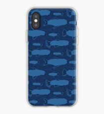 Blue Fish Silhouette, Seamless Seaweed Animal Vector Pattern Background iPhone Case