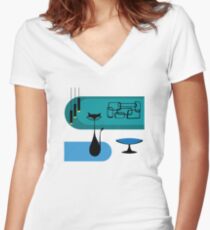 Mid Century Modern Cat Women's Fitted V-Neck T-Shirt