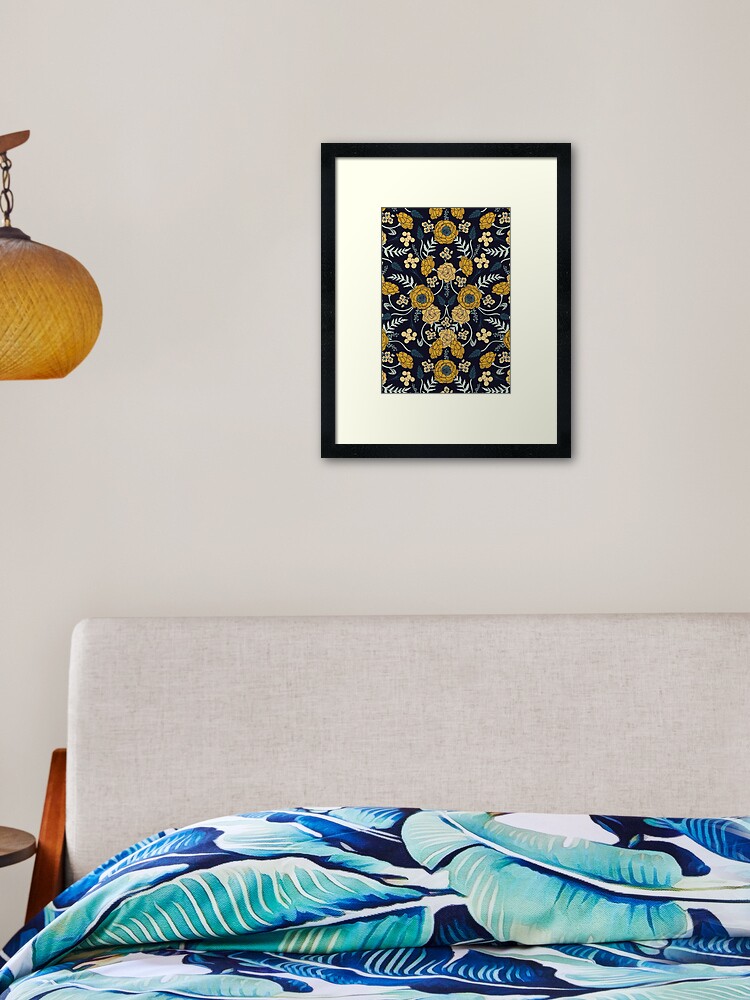 Navy Blue Turquoise Cream Mustard Yellow Dark Floral Pattern Framed Art Print