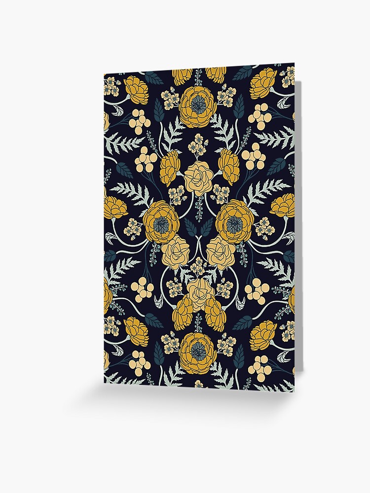 Navy Blue Turquoise Cream Mustard Yellow Dark Floral Pattern