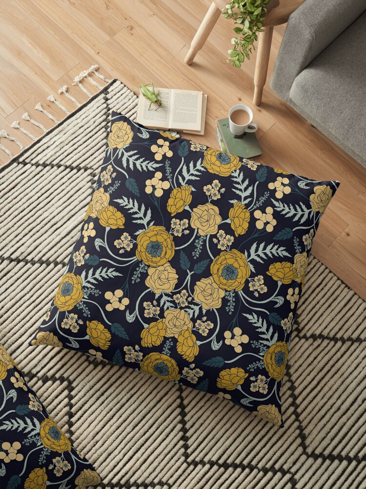 Navy Blue Turquoise Cream Mustard Yellow Dark Floral Pattern Floor Pillow By Somecallmebeth