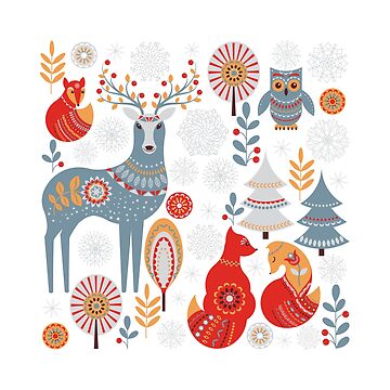 Artwork thumbnail, Scandinavian Christmas pattern on a red background. Deer, owls, foxes, trees and grass, snowflakes. Folklore style. by Skaska
