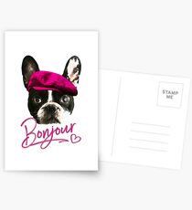 Boston Terrier Bonjour Pink Heart, French Postcards