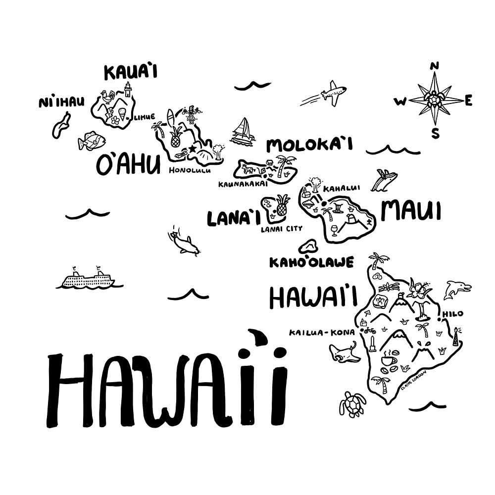 Hawaii Illustrated Map Black And White By Claire Lordon Redbubble