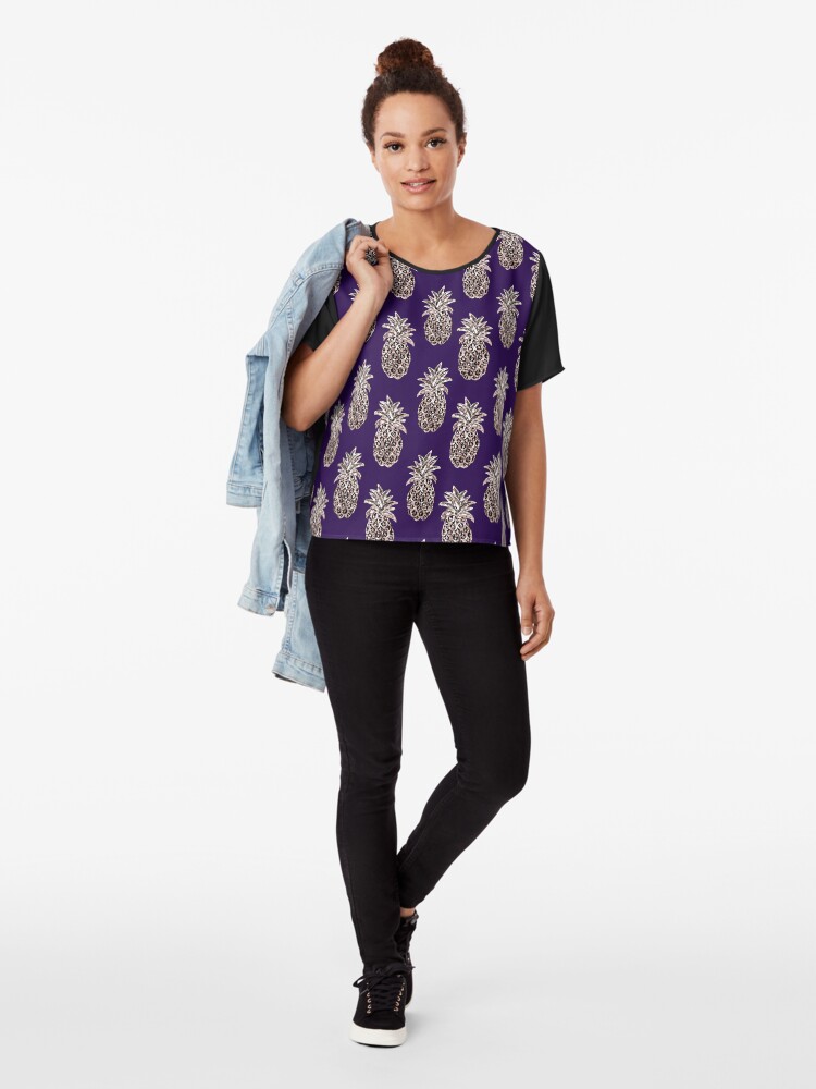 Alternate view of Rose Gold pineapples on purple Chiffon Top