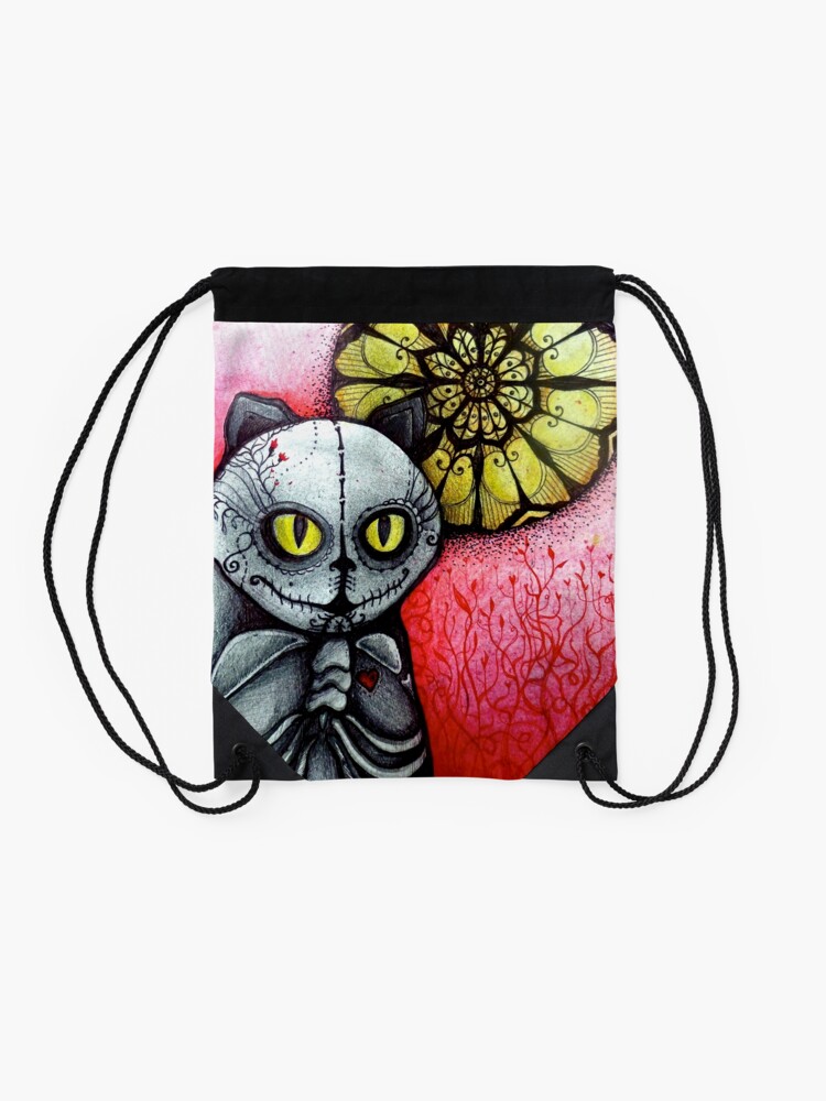 Alternate view of sugar skull goth skeleton cat & moon Drawstring Bag