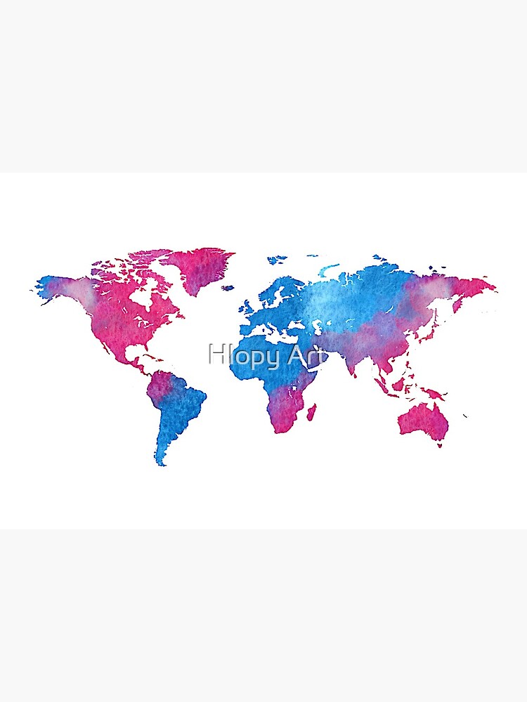 Watercolor World Map Blue And Pink Vintage Wall Art Decor