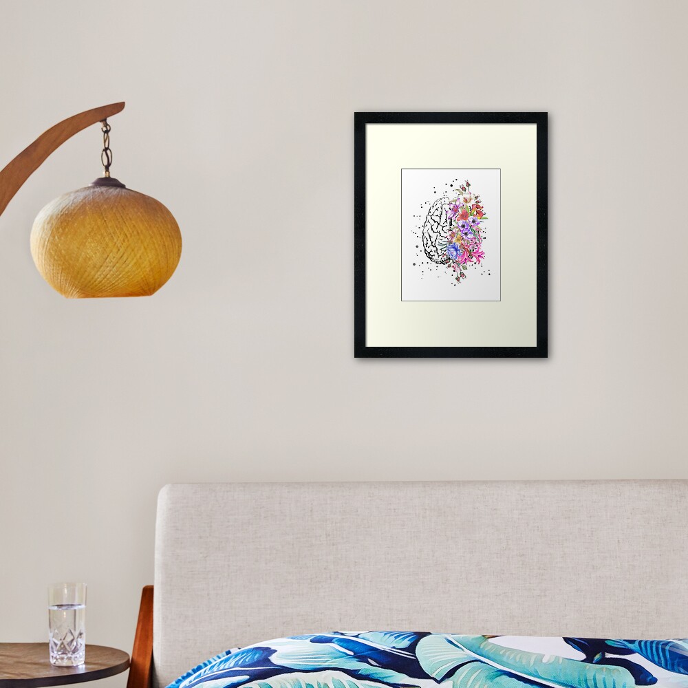 Brain anatomy, watercolor Brain, flowers brain, brain with Flowers Framed Art Print