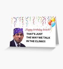 Tarjeta de felicitación The Office, Michael, Scott, así es como hablamos en el clink, Memes, Gifts, Presents, Party, Ideas, Good Vibes, Cool, Puns, Rude, Ofensive