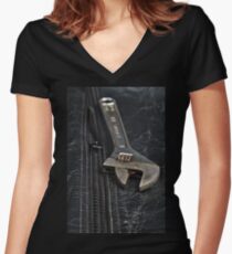 Tool on Black Biker Jacket Women's Fitted V-Neck T-Shirt