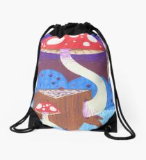 Two Mushrooms, One Stump Drawstring Bag