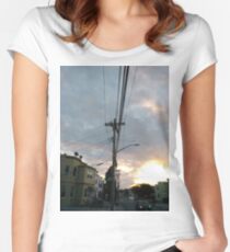 #wire #electricity #sky #danger #industry #steel #station #sunset #outdoors #travel #technology #horizontal #colorimage #fuelandpowergeneration #nopeople #transportation #highup #constructionindustry Women's Fitted Scoop T-Shirt