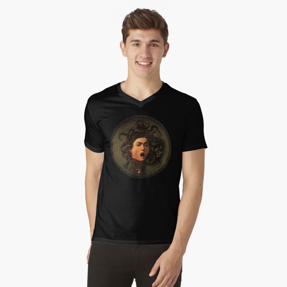 Medusa, venomous snakes in place of hair, Michelangelo, Gorgon, monster, Greek Mythology, Caravaggio, on BLACK. V-Neck T-Shirt