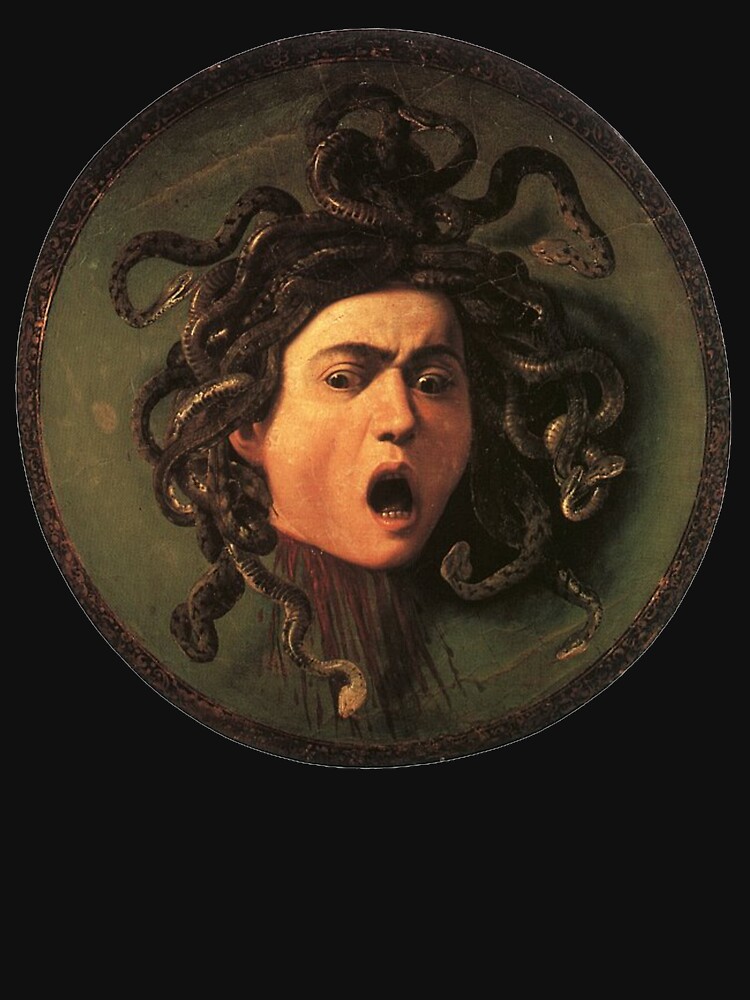 Medusa, venomous snakes in place of hair, Michelangelo, Gorgon, monster, Greek Mythology, Caravaggio, on BLACK. by TOMSREDBUBBLE