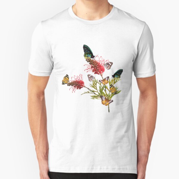 Bunch of Butterflies on Grevillea clear background Slim Fit T-Shirt