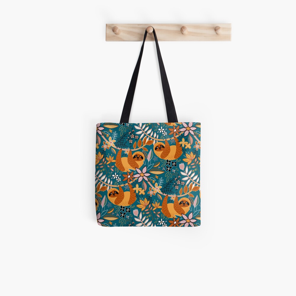 Happy Boho Sloth Floral Tote Bag