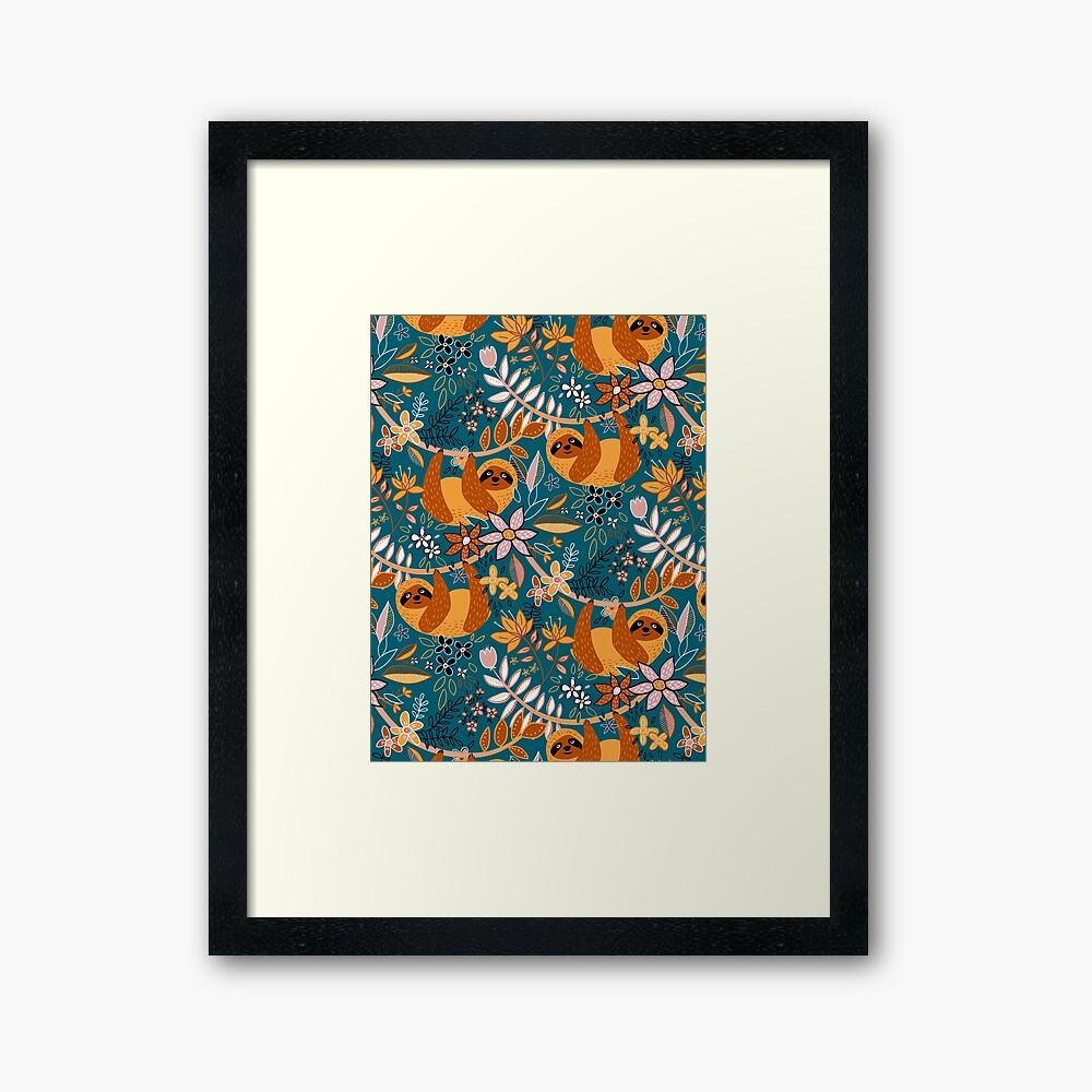 Glückliches Boho-Faultier mit Blumen Gerahmter Kunstdruck