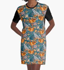 Happy Boho Sloth Floral Graphic T-Shirt Dress