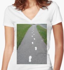 #asphalt #road #guidance #forward #street #grass #straight #roadway #track #forwards #vertical #colorimage #roadmarking #dividingline #countryroad #sidewalk #land #nopeople #diminishingperspective Women's Fitted V-Neck T-Shirt