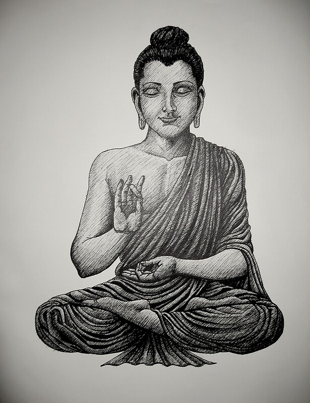 "Buddha pen drawing black/white" by JackassKershaw | Redbubble