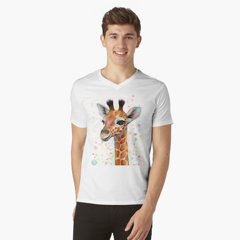 Baby Giraffe Watercolor Painting, Nursery Art V-Neck T-Shirt