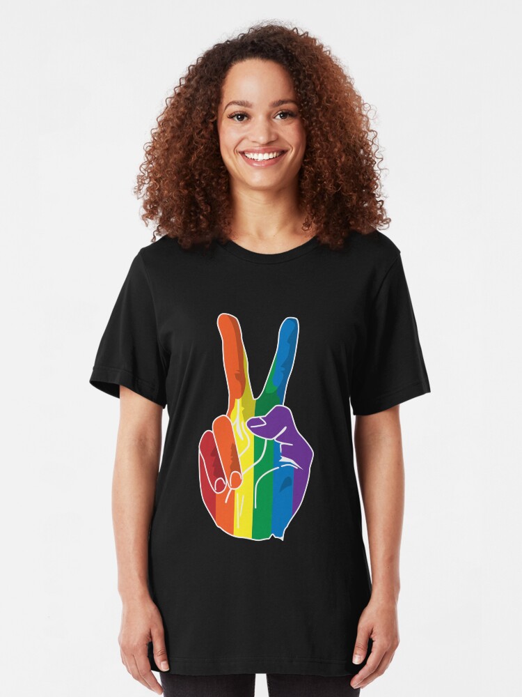 Alternate view of Sign of Peace (Rainbow Hand) Slim Fit T-Shirt