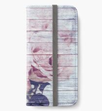 Shabby Chic Dusky Pink Roses On Blue Wood Effect Background iPhone Wallet/Case/Skin