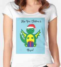 Christmas Cute Dragon Magical Snowflakes Blue Women's Fitted Scoop T-Shirt