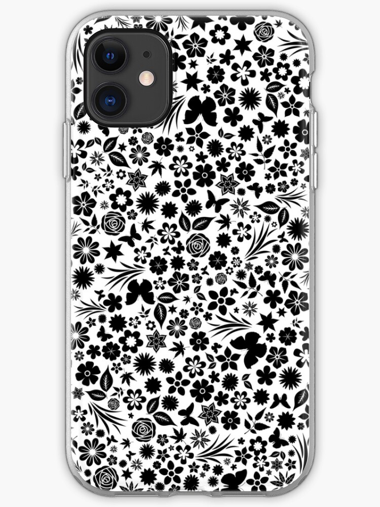 Flower Butterfly Pattern Black Flowers White Background