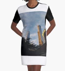 yellow, sky, travel, airplane, outdoors, city, business, technology, architecture, vertical, color image, New York City, USA Graphic T-Shirt Dress