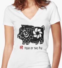 Chinese Zodiac Pig Papercut Women's Fitted V-Neck T-Shirt