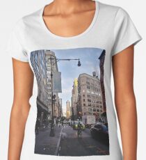 #skyscraper #pedestrian #sky #city #street #road #architecture #travel #business #traffic #town #outdoors #colorimage #residentialdistrict #famousplace #locallandmark #nationallandmark #roadmarking Women's Premium T-Shirt