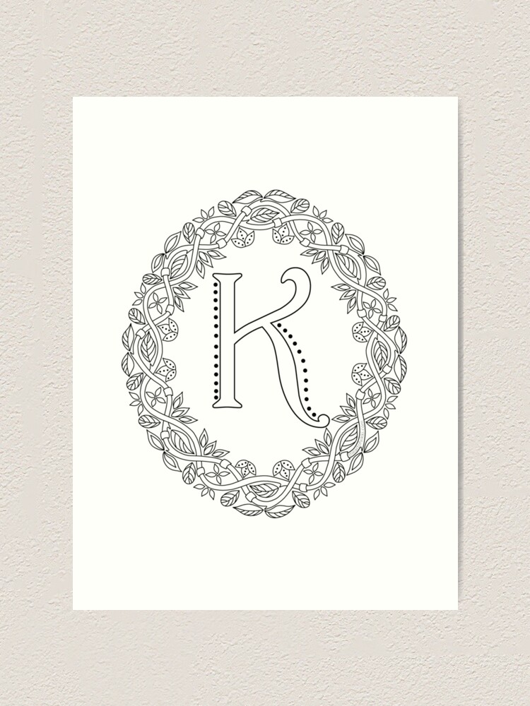 Alternate view of Letter K Black And White Wreath Monogram Initial Art Print