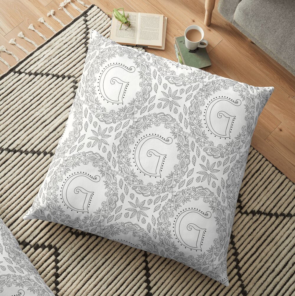 Letter G Black And White Wreath Monogram Initial Floor Pillow