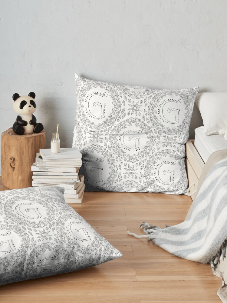 Alternate view of Letter G Black And White Wreath Monogram Initial Floor Pillow