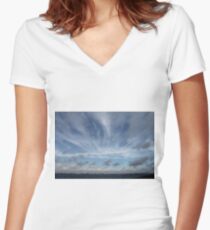 #sky #landscape #nature #outdoors #weather #storm #water #sea #rain #sunset #summer #horizontal #blue #colorimage #wide #nopeople #day #lightnaturalphenomenon #scenicsnature #sun #cloudsky #coastline Women's Fitted V-Neck T-Shirt