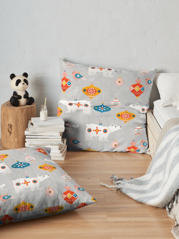 Alternate view of Christmas retro baubles with polar bear and bird Floor Pillow