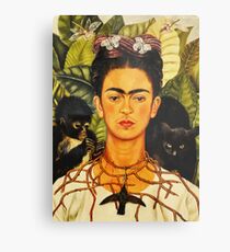 Frida Kahlo Self-Portrait with Thorn Necklace and Hummingbird Naive art Painting Metal Print