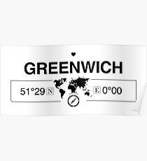 Greenwich England GPS Coordinates Map Artwork with Compass Poster