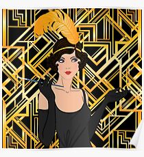 Art Deco, Gold, Schwarzes, Prallplattenmädchen, der große Gatsby, Ära 1920, Vintag, elegant, Chic, modern, modisch Poster