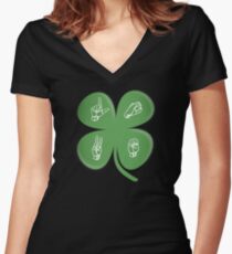 ASL LOVE Four Leaf Clover American Sign Language Women's Fitted V-Neck T-Shirt