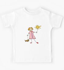 Little Girl in Pink Dress with Sun on a String and Dog on a lead Kids Tee
